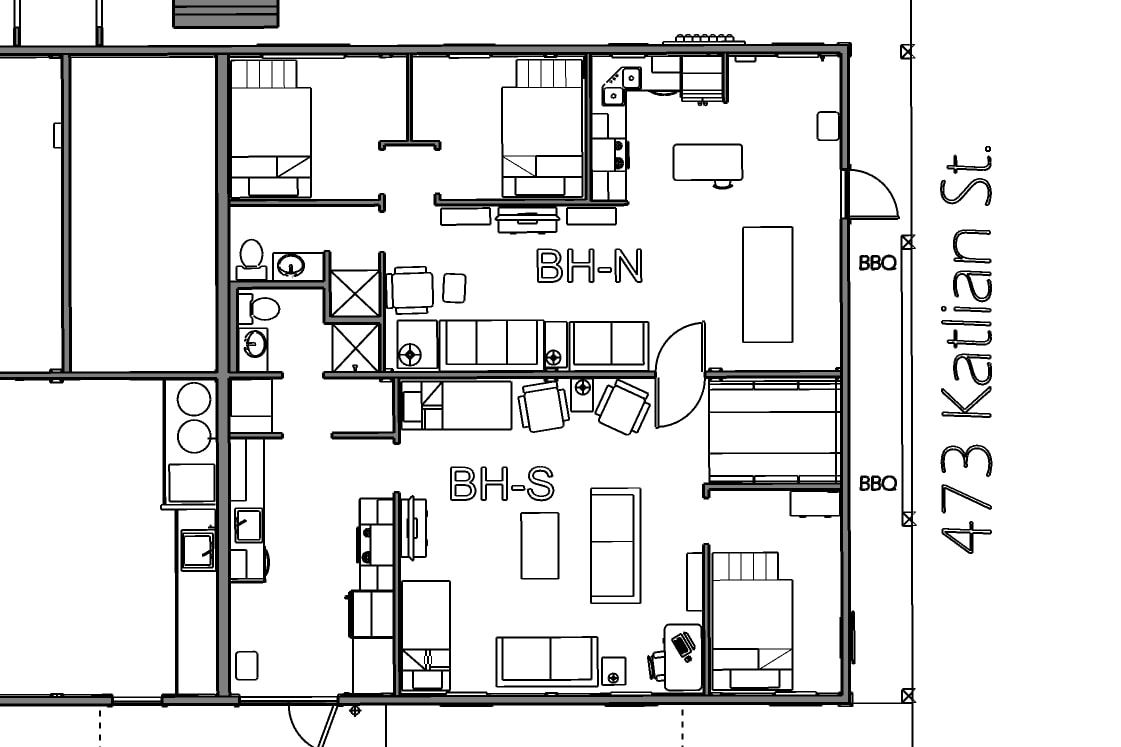 Floor plan of the North and South Bunkhouses showing bunk rooms, kitchens, bathrooms and the interior connecting door