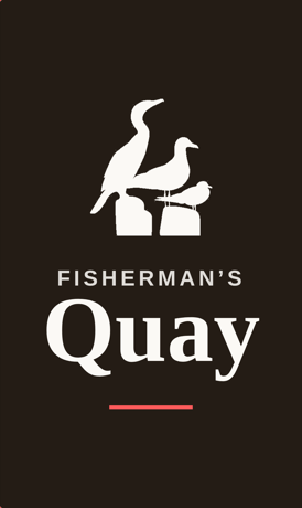 The Fisherman's Quay mark: two seabirds on dock pilings above the words Fisherman's Quay
