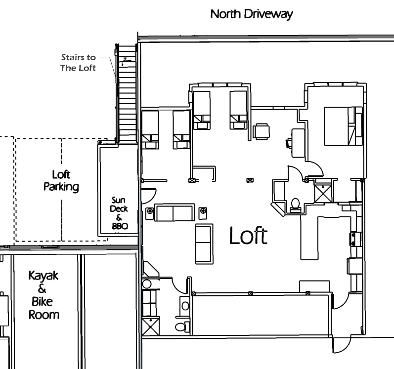 Floor plan of The Loft showing stairs from the north driveway, sun deck and BBQ, loft parking, and the adjacent kayak and bike room