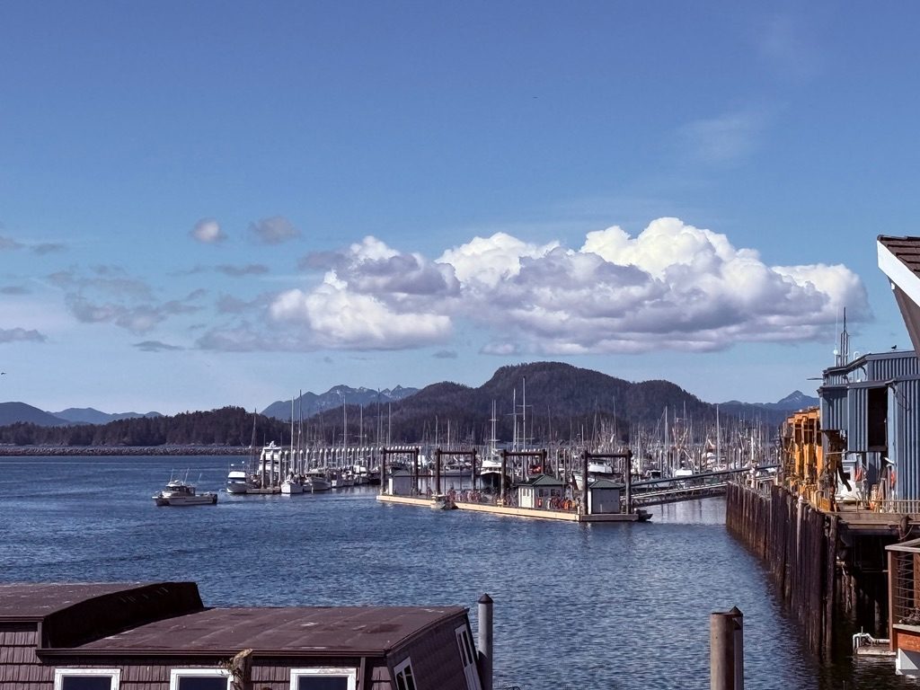 The harbor and moored fleet seen from the Fisherman's Quay dock, with forested islands beyond