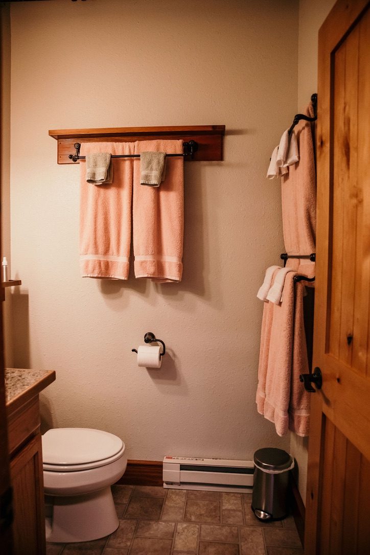 Bathroom in the South Bunkhouse with a timber towel shelf, toilet and vanity